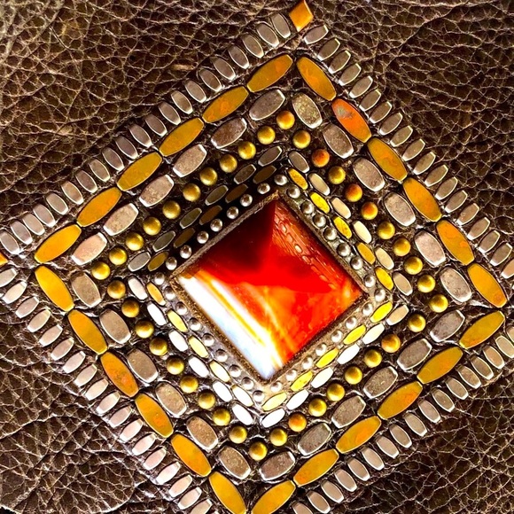 Calleen Cordero Joyti Metallic Khaki Messenger Bag with Carnelian Stone Studs - Picture 6 of 15